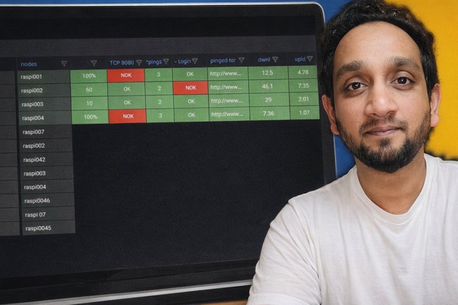 Mann vor Monitor mit Tabelle, die Netzwerkknoten und deren Status zeigt.