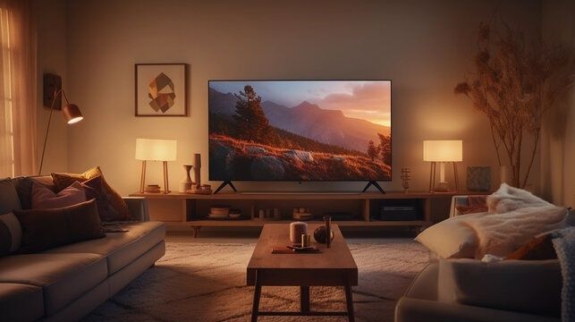 Gemütliches Wohnzimmer mit Fernseher und warmen, indirekten Lampen
